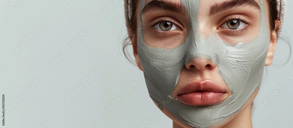 Poster young woman with a clay mask on her face in front of a light background with space for text skin car