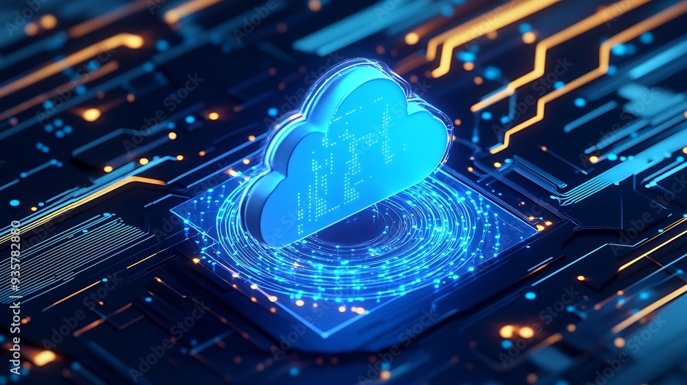 Poster futuristic cloud computing concept with digital cloud and circuit board design, representing technol