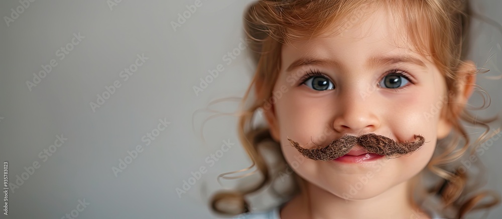 Aufkleber adorable little girl playing with a mustache. copy space image. place for adding text and design
