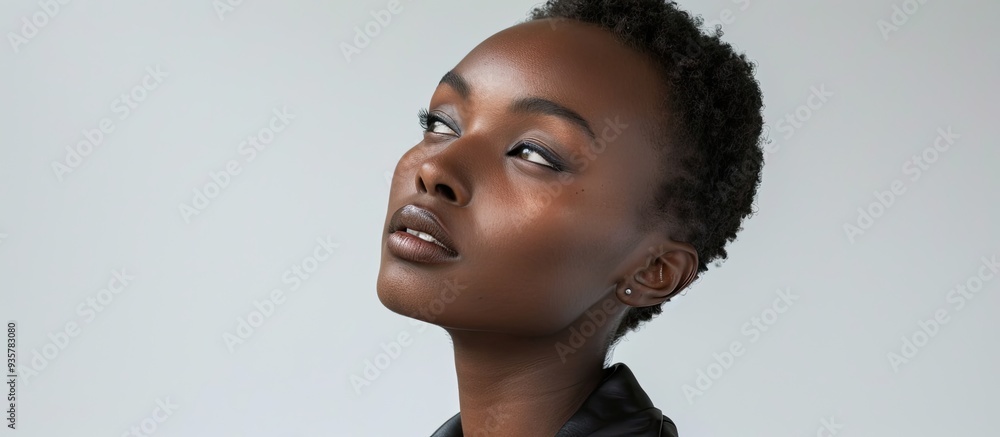 Poster model in the studio set against a white background. copy space image. place for adding text and desi