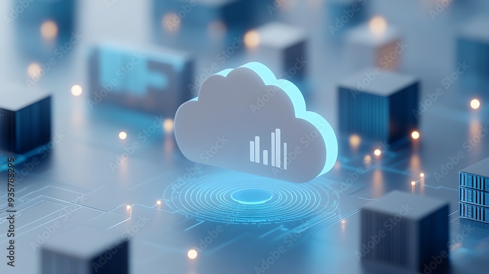 Poster futuristic cloud computing concept with digital data icons, representing modern technology, data sto