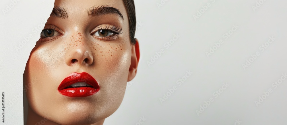 Aufkleber fashion shot featuring an appealing model makeup shapes concept isolated against a white background.