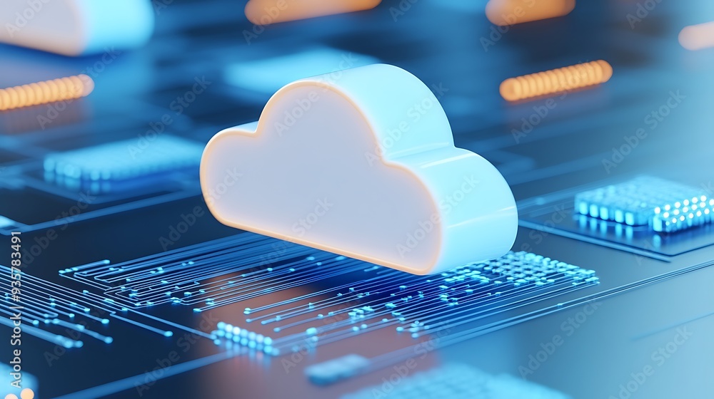 Poster futuristic cloud computing concept with digital data visualization and cloud icon on a circuit board