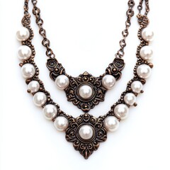 Elegant Pearl and Bronze Necklace: Timeless Beauty on White Background