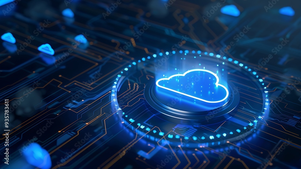 Poster futuristic cloud computing concept with digital glowing technology elements, representing data stora