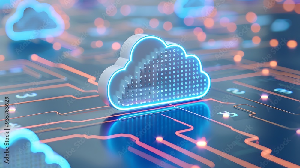 Poster futuristic cloud computing concept with digital hologram clouds and circuit board connections. techn