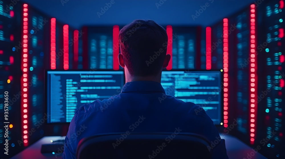 Poster technician monitoring model training servers through computer interface