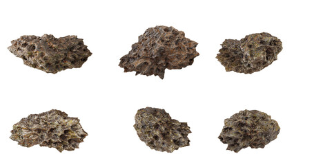 Set of six porous grey rocks with textured surfaces, isolated on transparent background