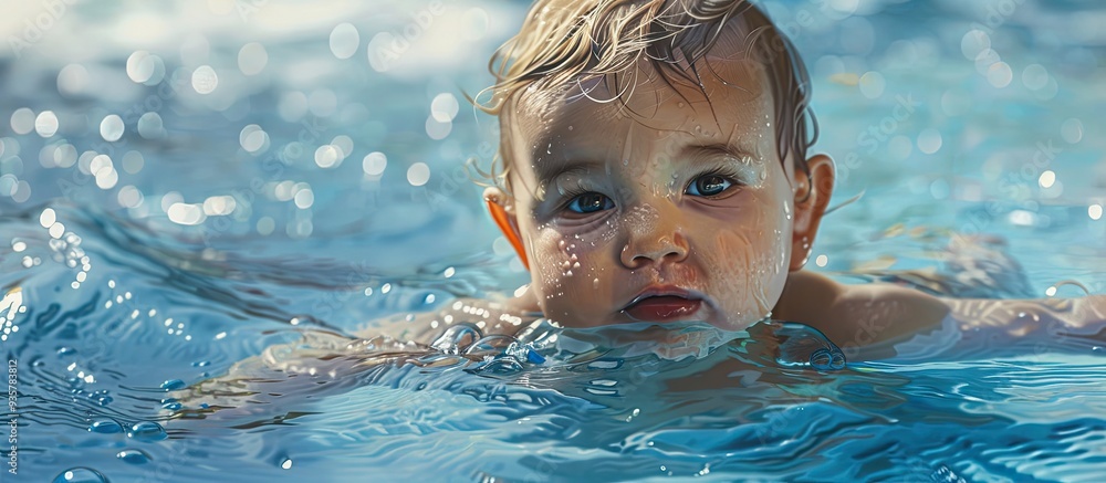 Poster Portrait of a baby girl enjoying herself in a swimming pool. Copy space image. Place for adding text and design