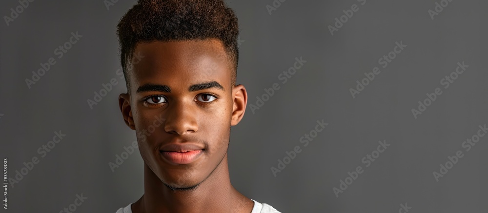 Aufkleber young multi ethnic man in front of a gray background. copy space image. place for adding text and de