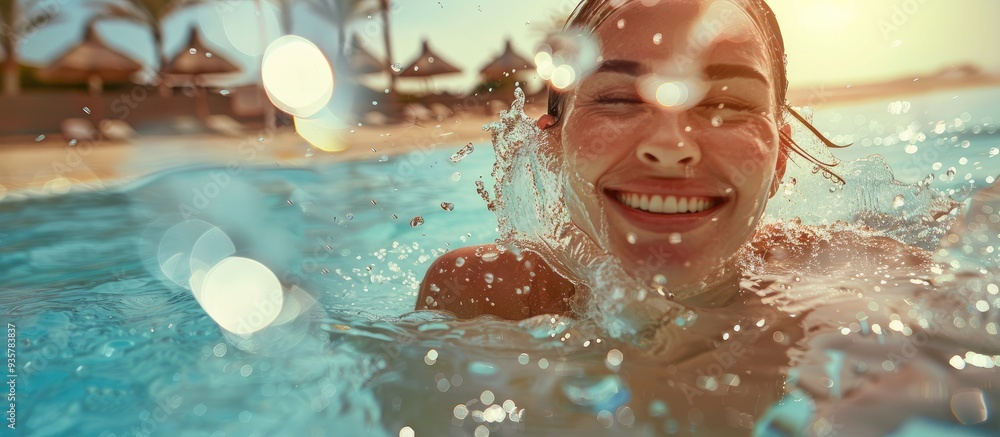 Poster a cheerful woman enjoying her vacation is playing with water in a swimming pool from the poolside. c