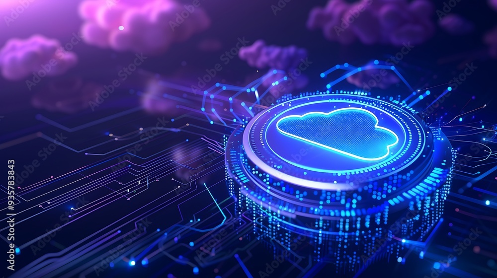 Poster futuristic cloud computing concept with digital interface and glowing blue cloud symbol in a high-te