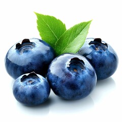 Obraz premium Close-up of Four Blueberries with Green Leaves