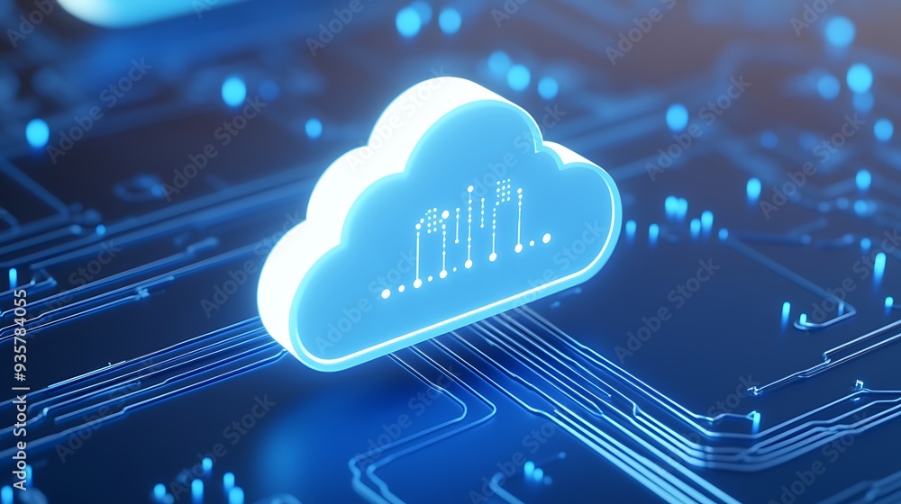 Poster futuristic cloud computing concept with digital technology elements and data transfer symbols in a v