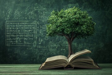 A large tree grows from an open book on a wooden table, symbolizing knowledge, growth, and the interconnectedness of nature and education against a dark green chalkboard background