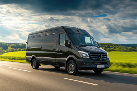 Luxurious Black Van in Motion Through Scenic Landscape