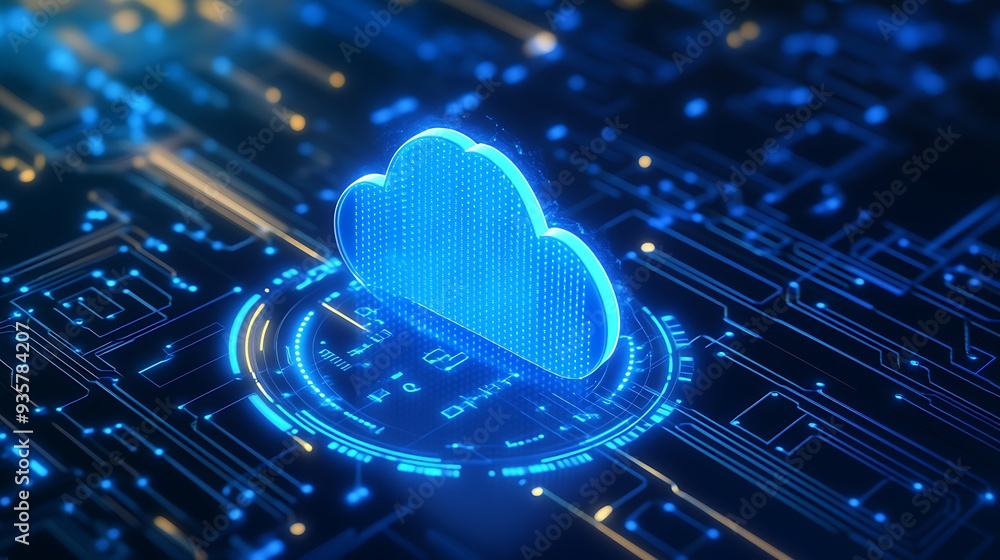 Poster futuristic cloud computing concept with glowing blue cloud icon over a circuit board, representing d