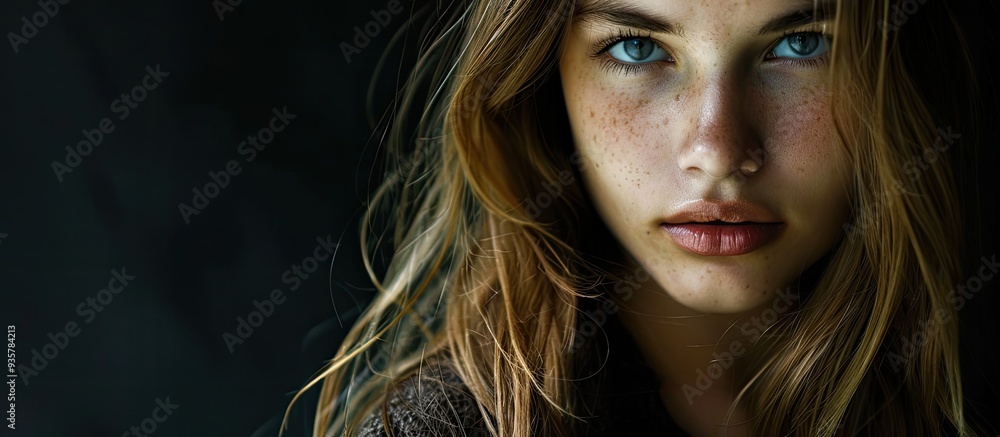 Poster attractive girl against a black backdrop. copy space image. place for adding text and design