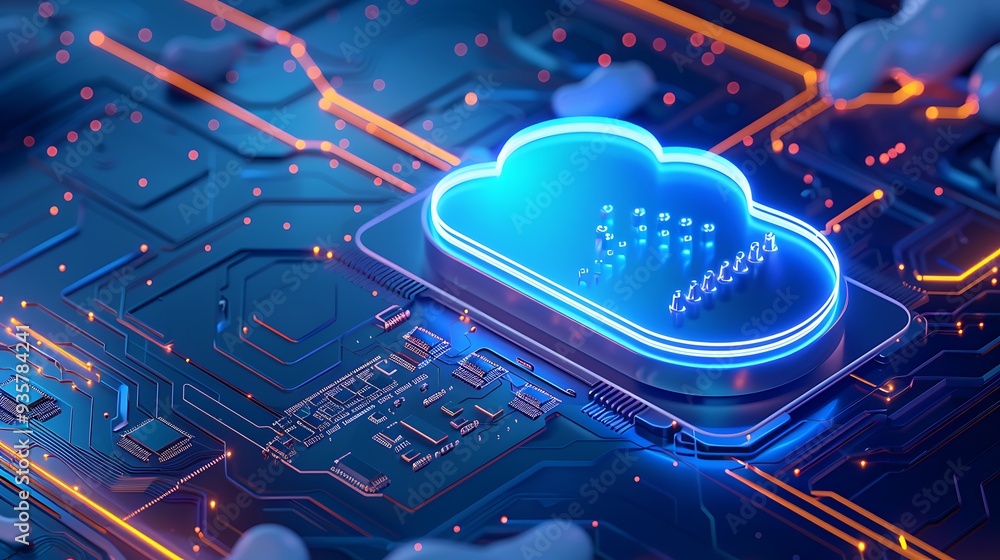 Poster futuristic cloud computing concept with glowing blue digital cloud icon on a circuit board, represen