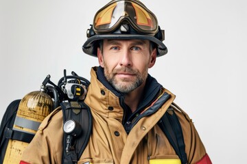 A man in a fireman's hat and jacket is wearing a gas mask