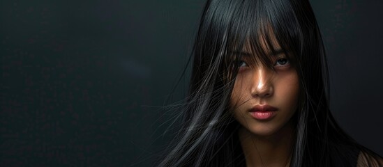 Naklejka premium Fashion Beauty Woman with long straight black hair gazes at the camera conveying emotion Portrait of an Asian girl with a strong expression against a black background copy space