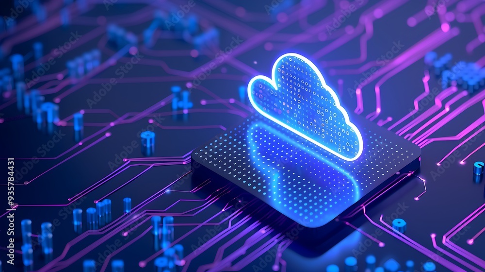 Poster futuristic cloud computing concept with glowing cloud icon and neon circuitry on dark background, sy