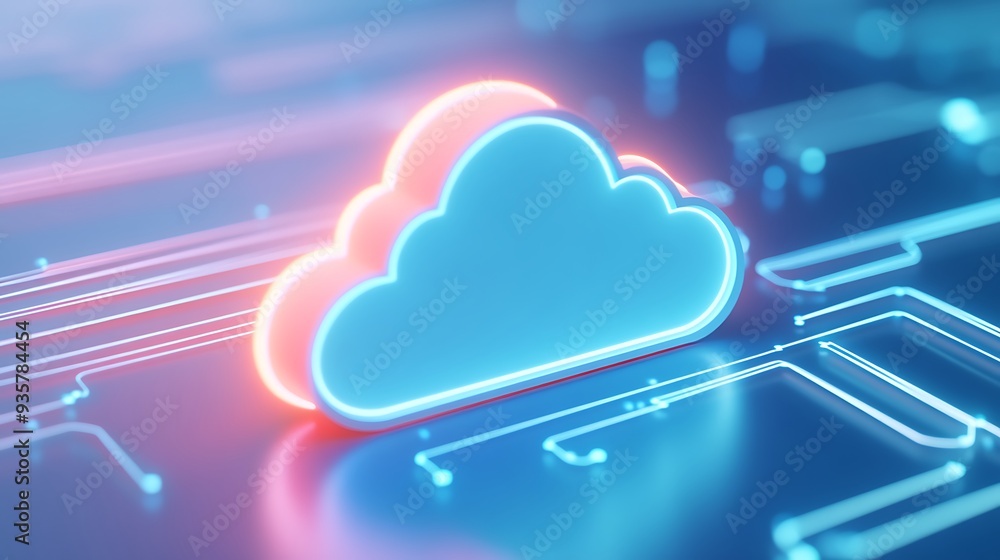 Poster futuristic cloud computing concept with glowing cloud icon on a blue circuit board background repres