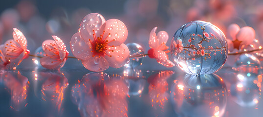 A macro shot of a blooming flower with a translucent 3D object floating nearby, under soft morning light