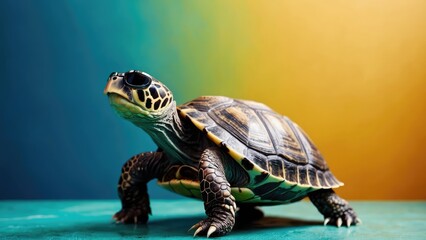 Obraz premium Turtle creature with fashionable, chic sunglasses on a vivid, bright, solitary backdrop. Artificial Intelligence