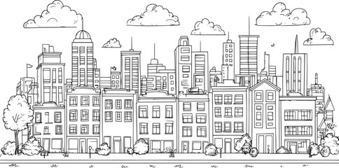 Obraz premium City landscape. Line urban backdrop. Skyline with clouds, different buildings on street, doodle street draw, outline cityscape hand sketch, flat houses. Hand drawn vector illustration