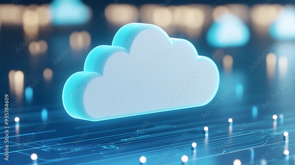 Poster futuristic cloud computing concept with glowing cloud icon over a digital background, symbolizing mo