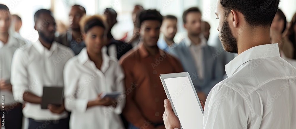 Poster crop side view of a man in a white shirt using a tablet with a blank screen while standing among mul