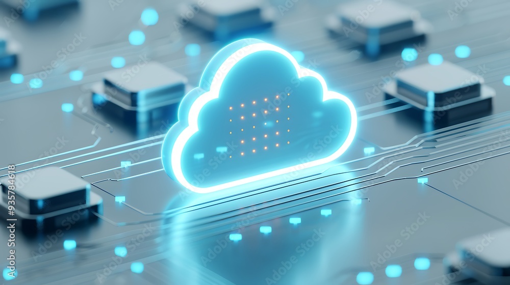 Poster futuristic cloud computing concept with glowing cloud icon overlaid on a circuit board representing 