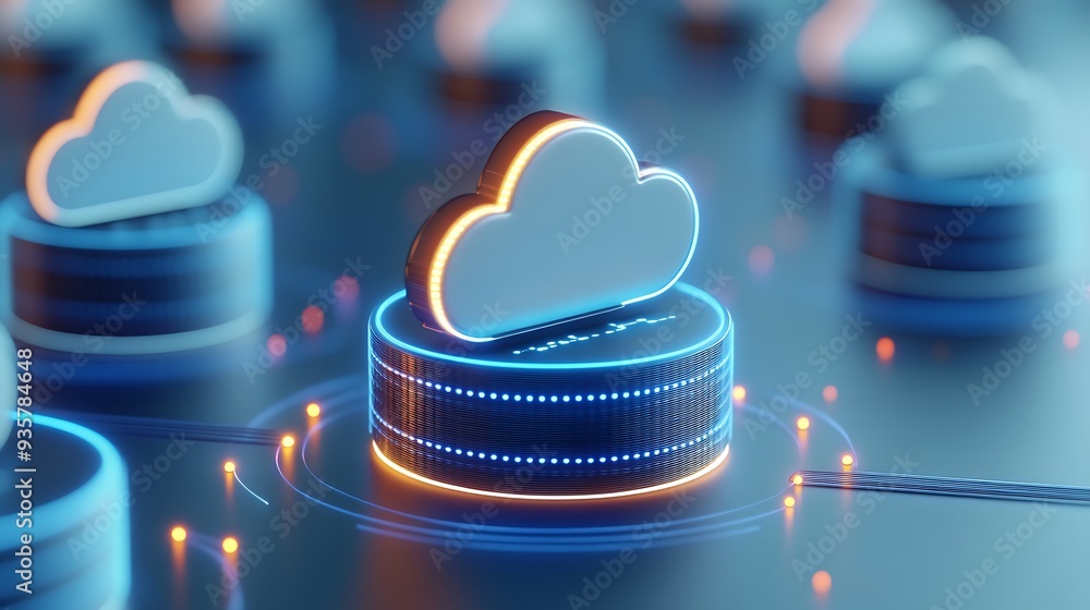 Poster futuristic cloud computing concept with glowing cloud icons on servers, representing data storage an