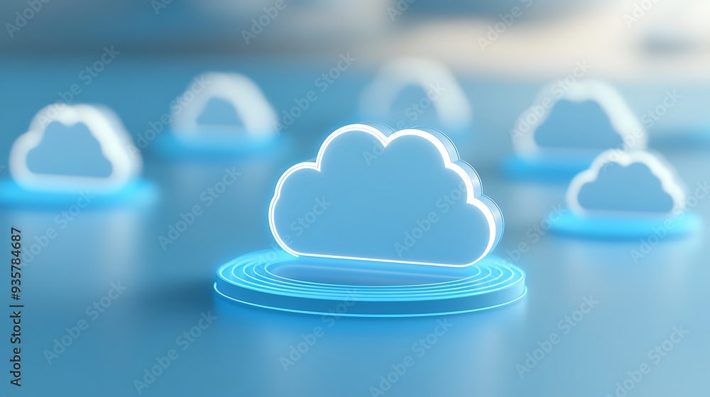 Poster futuristic cloud computing concept with glowing cloud icons representing data storage and technology