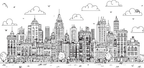 City landscape. Line urban backdrop. Skyline with clouds, different buildings on street, doodle street draw, outline cityscape hand sketch, flat houses. Hand drawn vector illustration