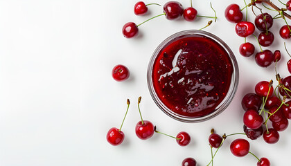Small glass bowl of red berry jam isolated on white background, sweet cherry jam