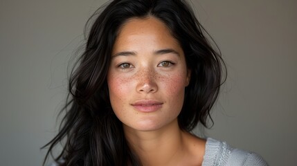 Naklejka premium A woman with dark hair and a greenish-yellowish tint to her eyes
