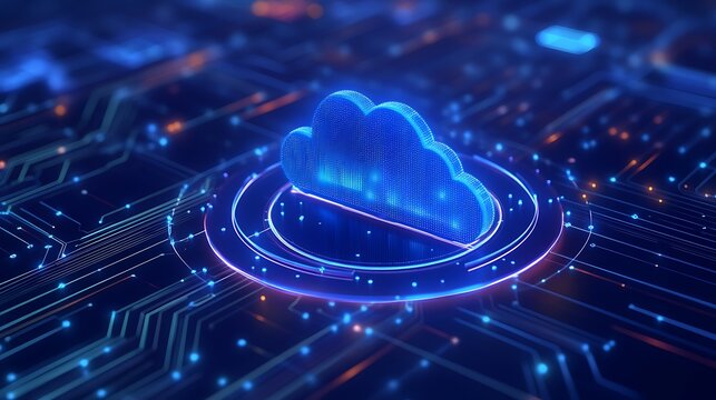 Futuristic cloud computing concept with glowing digital circuits, symbolizing modern data storage and online technology solutions.