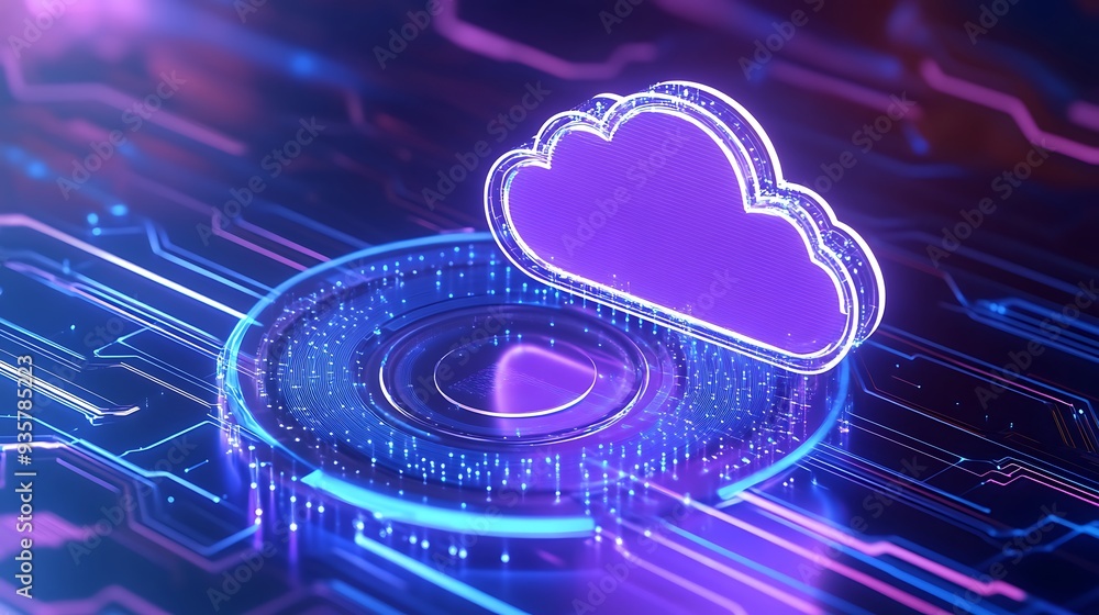 Poster futuristic cloud computing concept with glowing digital elements, depicting advanced technology in a