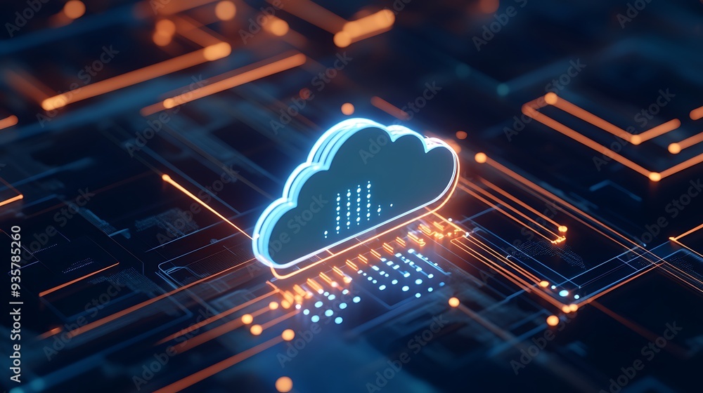 Poster futuristic cloud computing concept with glowing holographic cloud and neon lights. digital technolog