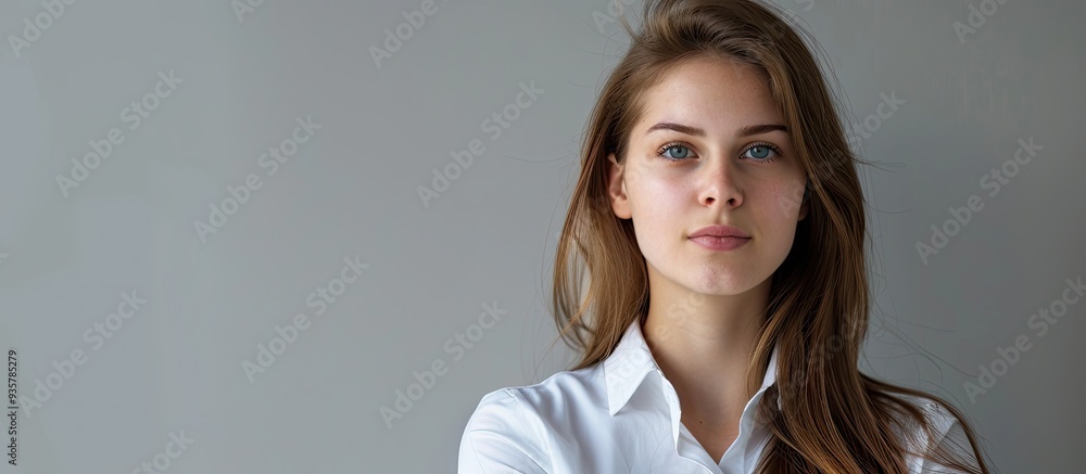 Aufkleber portrait of a young professional against a gray backdrop. copy space image. place for adding text an