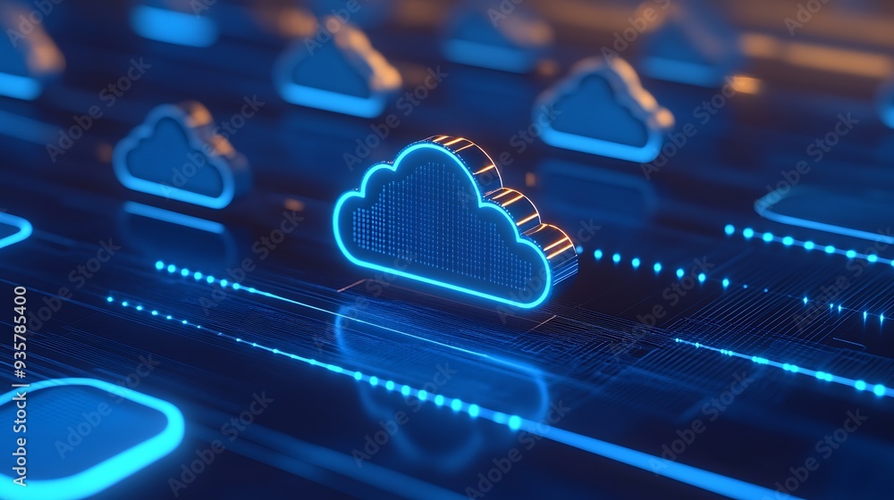 Poster futuristic cloud computing concept with glowing icons on a digital network background, representing 
