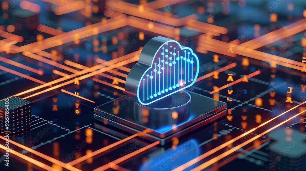 Poster futuristic cloud computing concept with glowing neon cloud icon and abstract digital circuit display