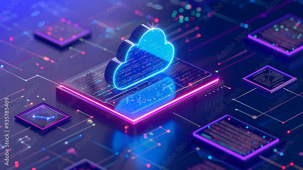 Aufkleber futuristic cloud computing concept with glowing neon cloud icon and digital interface symbols on a d