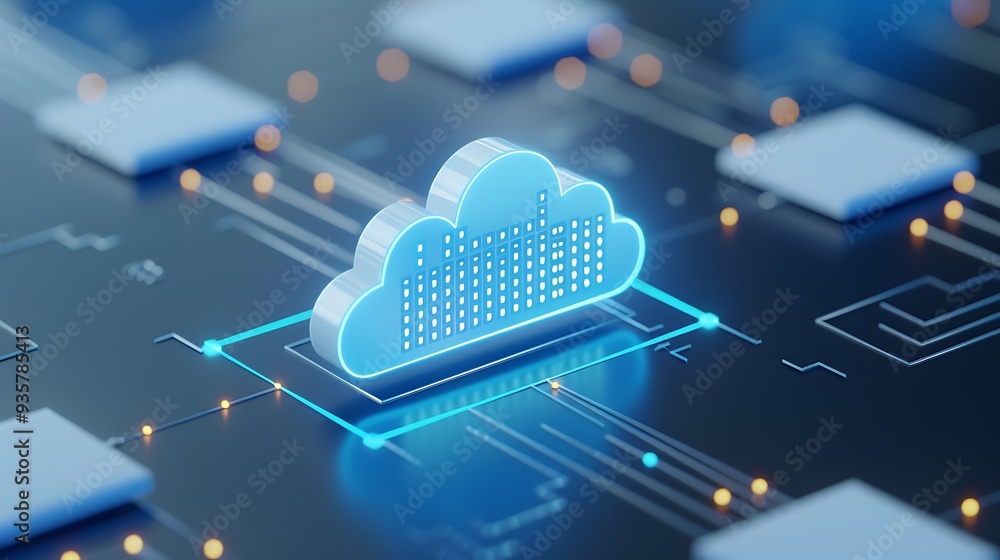 Poster futuristic cloud computing concept with glowing neon cloud icon on a digital circuit board, represen