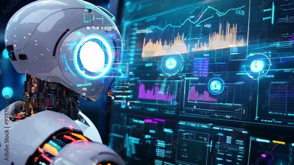 Poster a robot analyzes data on a vibrant digital screen, showcasing graphs, charts, and metrics in a moder