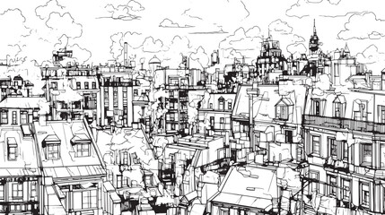 City landscape. Line urban backdrop. Skyline with clouds, different buildings on street, doodle street draw, outline cityscape hand sketch, flat houses. Hand drawn vector illustration