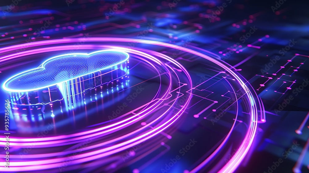 Poster futuristic cloud computing concept with glowing neon elements showcasing data storage and technology