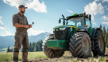 Obraz premium Farmer holding wrench supervising tractor driver working in field
